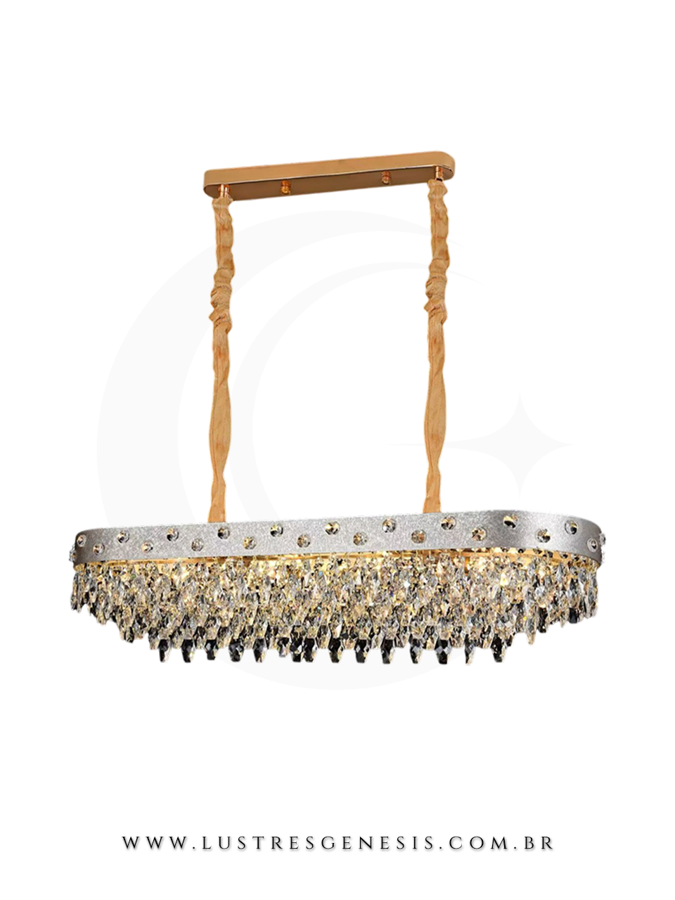Lustre pendente de cristal dourado com prata retangular, 100x31cm, modelo Bulty, ideal para sala de jantar, com lâmpadas E-14.
